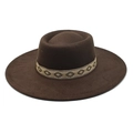 Classic dark brown wide brim wool fedora with vintage ethnic embroidered ribbon - M (56-58cm) / Brown
