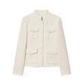 Women's cream-white tweed jacket with stand collar and four-pocket design, flat lay view - S / White