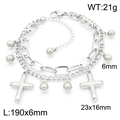 Silver stainless steel double layer chain bracelet with cross and bead charms - Style A Steel Color (KB187003-Z)
