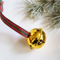Golden star cutout Christmas bell ornament with red plaid ribbon for holiday decor - 4cm Bright Gold Bell Red Green Plaid Strap 3 Pieces