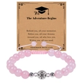Pink stone beaded bracelet with silver compass charm on The Adventure Begins gift card - Adventure Begins / Rose Quartz