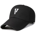 Classic black cotton baseball cap with bold white embroidered V letter on a white background - V Logo Black With White Embroidery