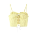 Hellgelbes bauchfreies Camisole-Top mit dünnen Trägern und Schnürung vorne - S / Hellgelb