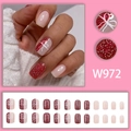 Sparkly dark red and nude pink press-on nails with white bow patterns, full 24-piece set - W972 Glue Style