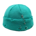 Hip hop mint green distressed knit beanie with metal rings and safety pin accessory - M(54-60cm) / Lake Blue