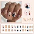 Short nude and white press-on nails set with autumn fallen leaf patterns, 24 pieces - Autumn Maple Leaf & Figure Style (W1461) / 24Pcs/Box