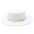 White flat top boater straw hat with wide brim and white faux leather buckle band - M (56-58cm) / White
