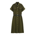 Army green short sleeve shirt dress with button-up front and black leather belt - XS / Army Green