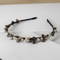 Close-up of handmade crystal headband with grey stones, pearls and golden beads detail - Style SJ003 / Beaded Chain Black