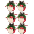 Set of 6 red buffalo plaid and burlap Christmas ornaments with pine cones and berries - 6cm Style 7 (Red White Plaid Patchwork)