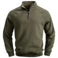 Detail des armee-grünen Sweatshirts mit Reißverschluss, Rippstrick-Textur und Stehkragen - S / Armeegrün