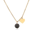 Detail of gold heart pendant and black bead on a stainless steel necklace chain - 10MM Bead / Gold - Bright Stone