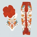 Tropischer Badeanzug mit Papageienmuster, 3D-Blumenschulter und passendem Wickelrock - S / Weißer Hintergrund Rote Blumen Set