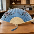 Chinese style blue folding fan with cherry blossom and butterfly print on wooden ribs - Blue Flowers Butterfly