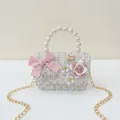 Pink tweed kids crossbody bag with bow, pearl handle and floral accents - Small White