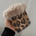 Winter touch screen leopard print gloves with warm beige faux fur cuffs for women - Apricot Leopard