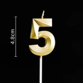 Detail of golden number 5 birthday candle with geometric facets and 4.8cm height label - Gold Number 5