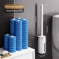 Wall-mounted disposable toilet brush set with 80 blue sponge refills and fragrance - Bulk Pack: 1 Handle + 80 Ocean Heads + 1 Lemon Balm