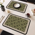 Olive green leather placemat set with floral patterns and every day happy text decor - Square Rounded / 4 Pieces / French Vintage Style-E