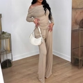 Elegant beige two-piece lounge set with off-shoulder long sleeve top and wide-leg trousers - Khaki
