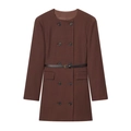 Vestido abrigo marrón oscuro para mujer de doble botonadura con cuello redondo y cinturón - XS / café