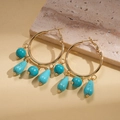 Dettaglio di orecchini a cerchio dorati con perline turchesi e nappe a goccia su pietre - Blu - Goccia d'Acqua (Perno in Argento S925)