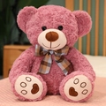 Pink teddy bear plush toy with curly fur, plaid bow tie and heart embroidery - Taro Purple / 35cm