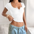 White Y2K short sleeve T-shirt with button front and lace trim details for women - White