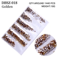 Golden flatback rhinestones set DBSZ-018 in clear 6-grid storage box for nail art DIY - Mixed Sizes SS4-SS16 Around 1440 Pieces / Gold