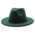 Close-up of dark green fedora hat with a black leather band and antique bronze metal buckle - Dark Green