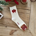 Thick white Christmas sock with red apple heart pattern and festive bow tie - Cream with Red Apple