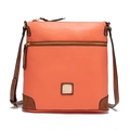 Close-up of coral orange pebbled leather crossbody bag with brown trim and gold zipper - Orange