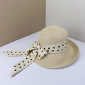 French style straw sun hat in beige with black polka dot bow for beach vacations - Beige