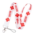 Detailed view of white polyester lanyard with red doctor print and metal lobster clasp - Doctor Text-White