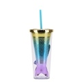 Gradient blue and purple mermaid tail double-layer plastic straw cup with gold lid - Type L/Blue Purple Gradient