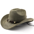 Olive green wide brim suede cowboy hat with bohemian wooden bead trim and flat top design - M(56-58cm) / Army Green