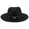 Detail of black straw hat featuring ethnic woven band and silver bull head ornament - M(56-58cm) / Black