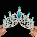 Elegant silver baroque crown featuring large blue gemstones and sparkling crystals - Standard Size / Silver Lake Blue Gemstone