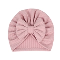 Close-up of pink ribbed knit baby turban hat with a large decorative bow detail - Dusty Pink