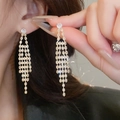 Elegant gold plated long tassel earrings with shimmering clear cubic zirconia fringe - 18K Gold Plated Silver Earring Post Round Zircon Triangle Tassel (28#)
