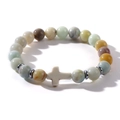 Macro detail of natural stone beaded bracelet with white cross pendant and metal spacers - Multicolor (Natural Stone)