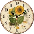Vintage wooden wall clock with yellow sunflower pattern and retro Arabic numerals - Sunflower with Leaf
