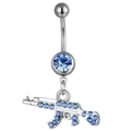 Silver belly button ring with blue crystal inlays and AK-style rifle charm - Light Blue