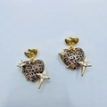 Golden heart earrings with leopard print and sparkling star charm detail - Brown