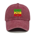 Detail of ONE LOVE print and vintage washed cotton texture on a red baseball cap - M(56-58cm) / Burgundy