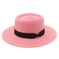 Macro detail of pink straw boater hat weave with a black grosgrain ribbon bow - M (56-58cm) / Dusky Pink