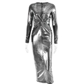 Elegant silver V-neck long sleeve maxi dress with metallic finish and front twist detail - S / Silver