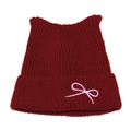 Cute burgundy knit beanie with cat ears and bow embroidery for a sweet winter look - M (56-58cm) / Burgundy