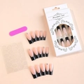 Detail view of long coffin press-on nails with black French tips and crystal accents - Black French Tip With Rhinestones (XA-51-04)