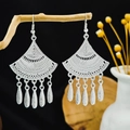 Vintage silver hollow fan-shaped tassel earrings with bohemian geometric engraving - Fan Geometric Engraved Tassel Style (E6109-32)